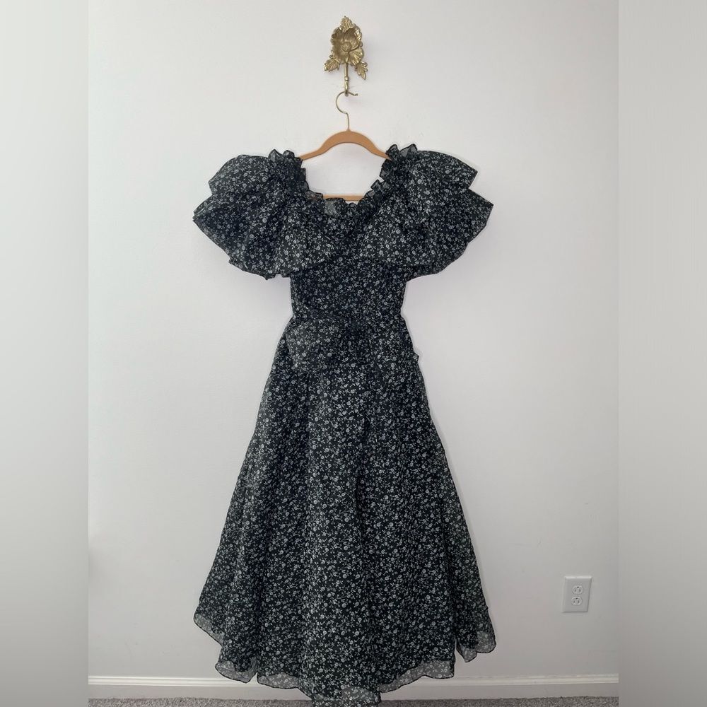 Vintage Gunne Sax Black Floral Puff Sleeve Gown XS